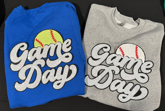 2XL Game day chenille and sequin patch crewneck sweatshirt or tshirt (one shirt-choose baseball or softball and color)